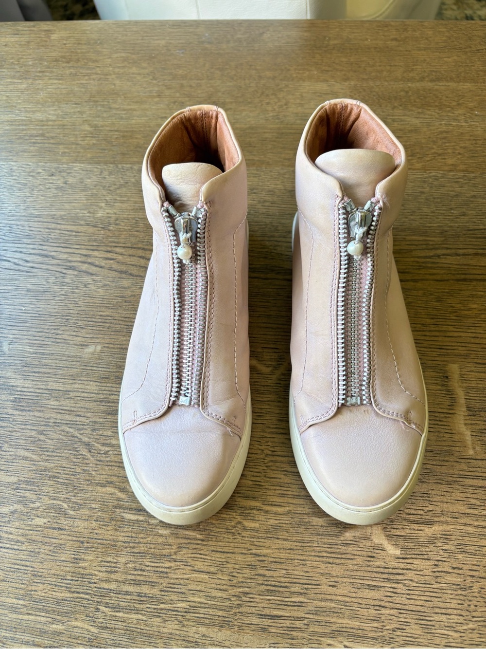 Frye Lena Zip High Top Sneakers Blush Pink Leather Pearl‎ Zip Women 8.5